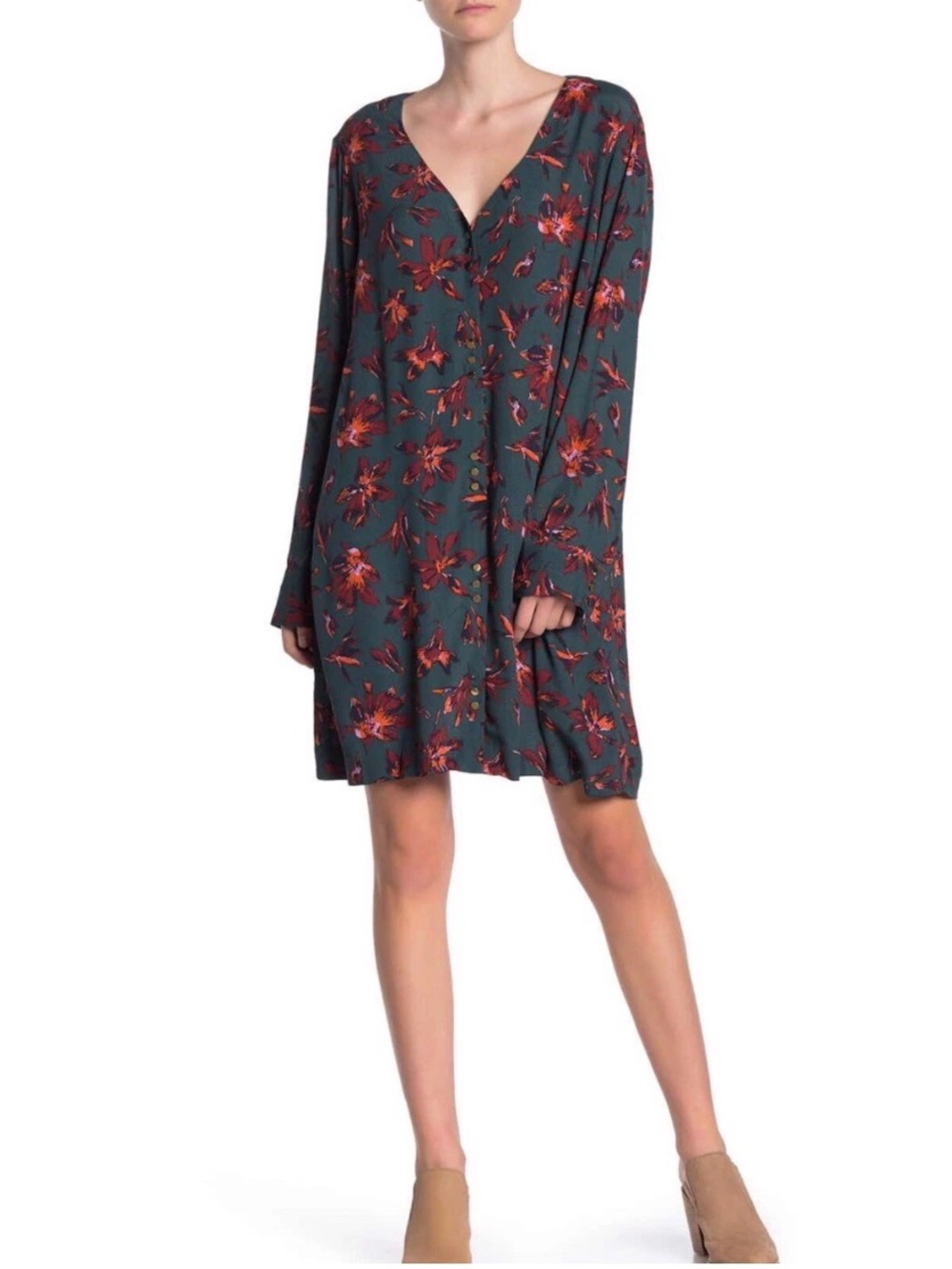 Madewell Floral Button Front Easy Dress Long Sleeves Dark Green Orange Small